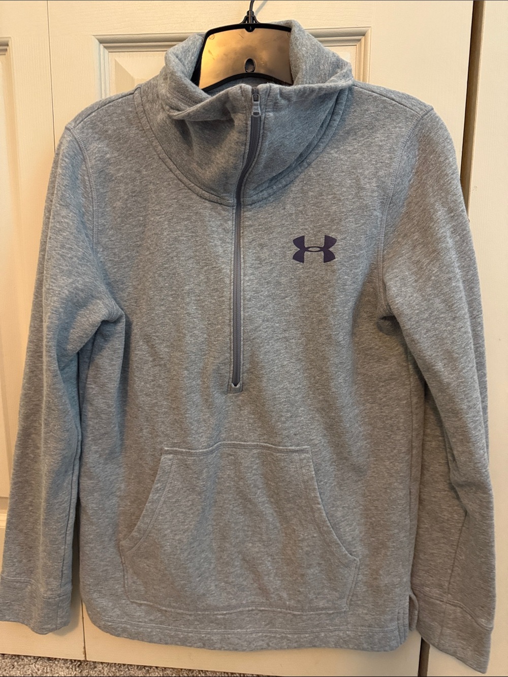 Under Armour Women's Light Gray Half-Zip Cowl Neck Pullover with Purple Logo
